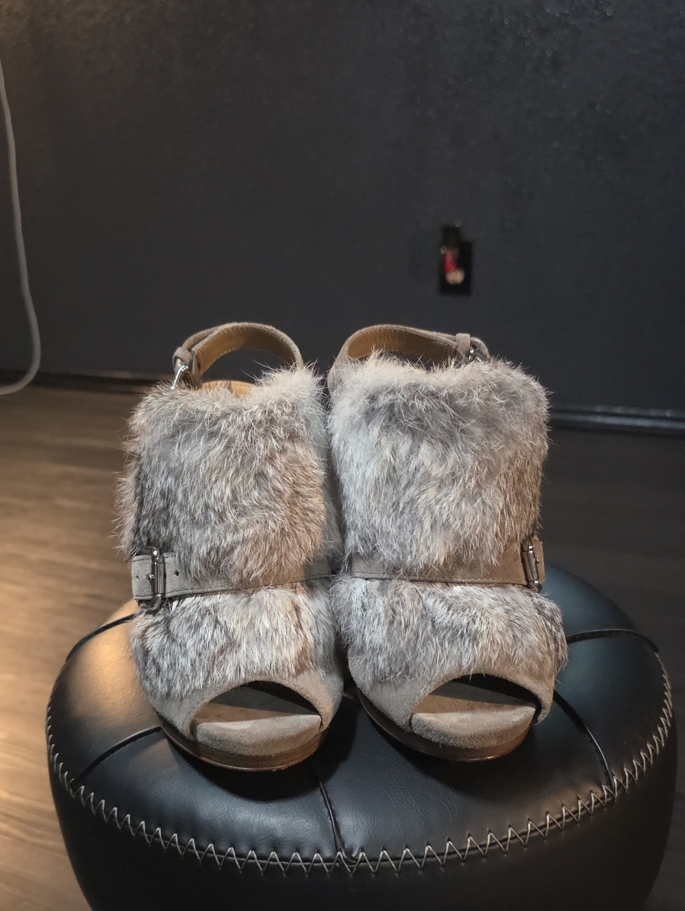Coach Gray Suede Rabbit Fur Open-Toe Slingback Heels Size 7